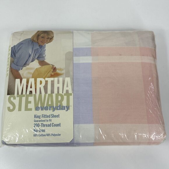 Martha Stewart King Fitted Sheet Pastel Plaid No Iron Purple Blue 200 Count - Picture 1 of 6